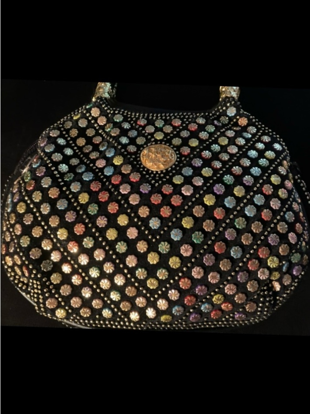 Vintage 1960’s Black Mini Bag with Multicolor Floral Metal Studs. New
